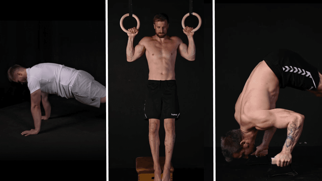 Male athlete at the top of a strict pull-up in a minimalist gym with a concrete wall and black rubber floor mats